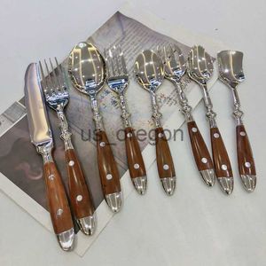 Dinnerware Sets Tableware Wooden Handle Steak Knives Retro Cutlery Stainless Steel Flatware Salad Fork Includes Forks Spoons Knives x0703