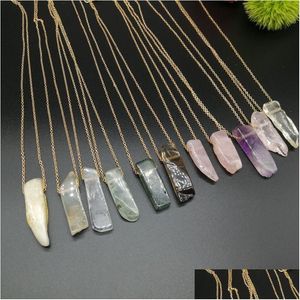 Pendant Necklaces Natural Stone Strip Bar Necklace Rose Red Blue Amethyst Crystal Green Aventurine Rec 18K Gold Stainless Steel For Dh4Bs
