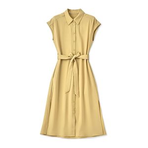 2023 Summer Yellow Solid Color Waist Belted Dress Sleeveless Lapel Neck Buttons Knee-Length Casual Dresses W3L049505