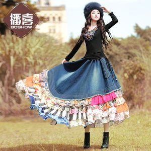 Sukienki darmowa wysyłka bohemian długie maxi kobiety szyfonowe i dżinsowe patchwork kwiatowe spódnice marszcze warstwowe elastyczne talii nieregularne spódnice