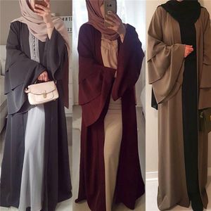 Moda Novo Dubai Abaya Kaftan Muçulmano Turco Mulheres Vestido de Cor Sólida Vestuário Islâmico Três Andares Trombeta Manga Vestidos Robe Mu271g