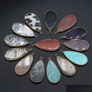 Charms Waterdrop Healing Turquoise Picture Stone Rose Quartz Crystal Gold Edged Pendant Diy Necklace Women Fashion Jewelry Finding D Dhcot
