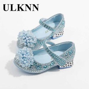 Sneakers Girls Beads Leather Shoes Princess Shoes 2023 Children Autumn New Shiny Rhinestone Kids's Crystal Shoe Girl Show High HeelsHKD230701