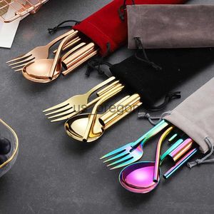 Dinnerware Sets 8pcsset Stainless Steel Cutlery Set Colorful Portable Dinnerware Rainbow Dinner Set Travel Dinner Knife Tableware Sets Pouch x0703