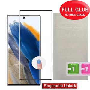 Premium gebogener Vollkleber ohne Loch Displayschutzfolie aus gehärtetem Glas für Samsung S23 Ultra S22 S21 Ultra S20 Note20 S10 Plus S8 S9 NOTE8 Vollständige Abdeckung zum Entsperren von Fingerabdrücken