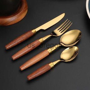 Set di stoviglie Posate dorate Manico in legno Stoviglie in acciaio inossidabile Posate Plus Coltelli da bistecca Include forchette Cucchiai Coltelli Lavabile in lavastoviglie x0703