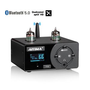 Conectores Aiyima T10 Decodificador de áudio Bt 5.0 Qcc3031tube Pré-amplificador Amplificador de fone de ouvido Rca Pcusb Atpx Fibra óptica coaxial com controle remoto