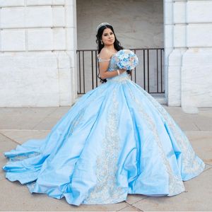 Sky Blue Charro Quinceanera Dresses Ball Gown Off The Shoulder Tulle Appliques Lace Beading Mexican Sweet 16 Dresses 15 Anos