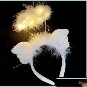 Altre forniture per feste per eventi Light Up Led Angel Halo Fascia per capelli Ali di piume bianche Costume natalizio Accessorio per capelli Drop Otwex