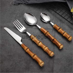 Dinnerware Sets Bamboo Handle Tableware Steak Knives Fork Spoon Cutlery Flatware Home Kitchen Upscale Dinnerware Set x0703