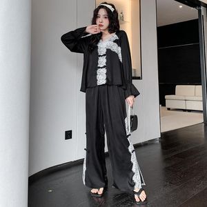 Women's Sleepwear O-Neck Nightgown Women Pajamas Suit With Trousers Sexy Rayon Home Clothes Lace Patchwork Long Sleeve Loungewear