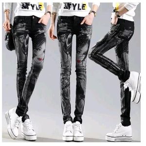 jeans lunghi neri donna pantaloni a matita casual ragazza strass lavati perforazione stampa skinny 6115222O