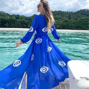 Costumi da bagno da donna Abito da spiaggia Costume intero da donna 2023 Abiti estivi per Tong Cardigan Stampa blu Occhi diabolici Spandex Cover Up Bikini Donna