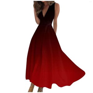 Vestidos Casuais Verão Feminino Sexy Decote em V Sem Mangas Cintura Retraída Vestido Moda Feminina Gradiente Maxi Conforto Vestido Boho