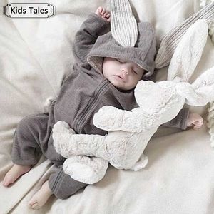 Foties söta kanin öron huva baby rompers för barn pojkar flickor kläder nyfödda kläder jumpsuit spädbarn kostym baby kläder fallhkd230701