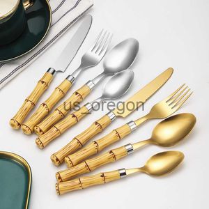 Geschirr-Sets, langlebig, Bambusgriff, Geschirr, Edelstahl, Küchentisch, Esszimmer, Messer, Gabeln, Kaffee, Servieren, Suppenlöffel, westliches Besteck-Set x0703