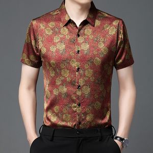 Männer T Shirts Seidenhemd 2023 Sommer Floral Bedruckte Satin Männlich Kurzarm Blumen Kleid Shirts 230703