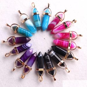 Charms Fashion Stripe Light Blue Pink Onyx Stone Shape Point Chakra Gold Pendants For Jewelry Making Wholesale Drop Delivery Finding Dhpal