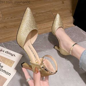 Dress Shoes Dress Shoes ZOKI Bling Gold Silver Women's Pumps Sexy Point Toe Thin Heel Party Wedding Shoes Woman Summer Ankle Strap High Heels Shoes 230323 Z230703
