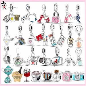 Para pandora charm 925 contas de prata charms pulseira xícara de café fone de ouvido câmera bule conjunto de charms