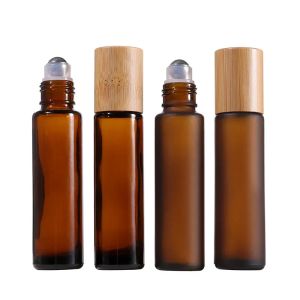 15ml Empty Roll on Glass Bottles with bamboo cap steel roller ball Amber Clear Frosted Glass Essential Oil Perfume Bottle