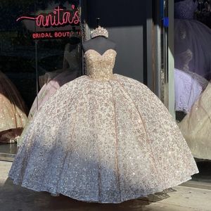Champagne Shiny Ball Gown Quinceanera Dresses 2024 Applique Lace Blingbling Sweetheart Vestido De 15 Anos Sweet 16 Brithday Party