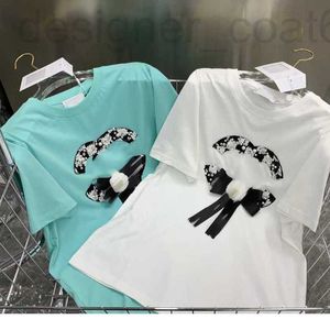 Designer silk t shirt women's - Heavy Industry Pure Cotton Tee with Pearl Diamond Ribbon and Glitter Decoration - Round Neck, Short Sleeve - 23SS Collection