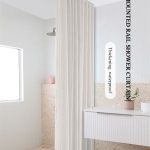 Shower Curtains not in/Imitation Linen Fabric Waterproof Shower Curtain Bathroom Partition Top Mounted Rail S Hook Home Large Curtains Customize 230703