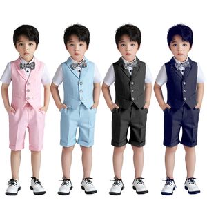 Suits Boys 3Pcs/4Pcs Set Plain Vest Set Kids Vest Shorts Bowtie Shirt Gentleman Formal Suits Wear Set Wedding Birthday WearHKD230704