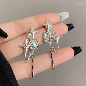 Dangle Earrings Y2K Shiny Star Silver Color Crystal Tassel Drop Earring For Women Rhinestone Moon Pendant Piercing Jewelry Gifts