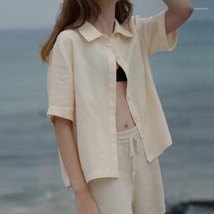 Women's Blouses Linen Short-Sleeved Shirts Summer French Ladies Casual Loose Turn-Down Collar Single-Breasted Blouse
