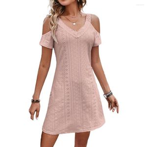 Casual Dresses Women Mini Dress V-neck Off Shoulder Short Sleeve Hollow Out Loose Hem Streetwear