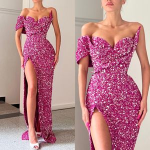 Fashion Purple Sequins Prom Dresses Off Shoulder Evening Gowns Pleats Slit Formal Red Carpet Long Special Occasion Party dress