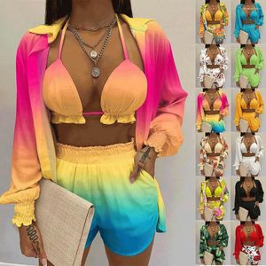 Women's Tracksuits Women Three Pcs Sets Summer Tie Dye Turn Down Collar Long Sleeve Blouse High Elastic Gradient Short Bra Camisole Suits