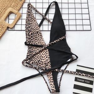 Kadın mayo yaz tek parça leopar baskı mayo kadın derin v yaka bikini bandaj mayo monokini kadın