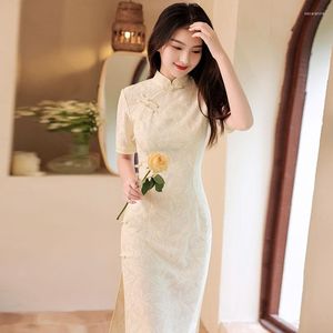 Etniska kläder Sommar Cheongsam Ung flicka kinesisk stil Qipao Retro Klänning Medium Lång Vit Söt Dagsfest 2023