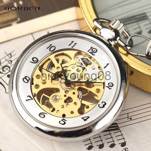 Armbanduhren Silber Handaufzug Vollstahl-Taschenuhr Mode Einzigartiges Skelett Transparente mechanische Taschenuhrkette 0703