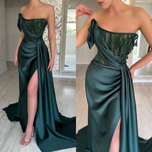 Elegant Dark Green Evening Gown Strapless Split Illusion Beading Party Prom Dresses Sweep Train Formal Long Dress for red carpet special occasion