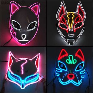 Świecąca maska pogromcy demonów Cosplay japońska kreskówka lampa neonowa samuraj tusz do rzęs Luminous Led maska lisa na Halloween boże narodzenie L230704