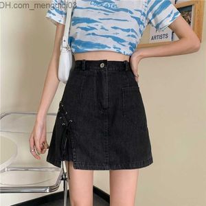 Skirts Yedinas Punk Style Black Blue Solid High Waist Pencil Mini Denim Skirts Korean Pocket Jeans Skirt Harajuku A-line Ladies Jupe Z230705