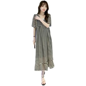 Klänning 8810# 2022 Summer Korean Fashion Plaid Maternity Long Dress Sweet Elegant A Line Loose Clothes For Pregnant Women Graviditet