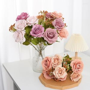 Fiori decorativi Bouquet di rose artificiali Fiori finti Decorazione della camera da letto di casa Stella di seta Rose di luna Fascio Simulazione Piante verdi rosa