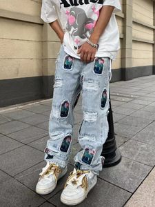 Personlighet Ripped Patch Jeans mäns lösa raka ben allt-i-ett långbyxor