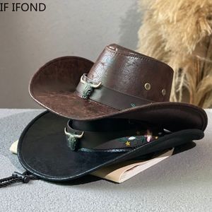 Chapéus de aba larga chapéus de balde moda cabeça de vaca decorar chapéu de cowboy ocidental couro sintético vintage cavalheiro jazz chapéus para homens chapéu de vaqueira panamá 230703