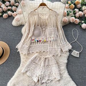 Dresy damskie Letnie wakacje 3 szt. Zestawy Kobiety Sexy Hollow Out Beach Wear Crochet