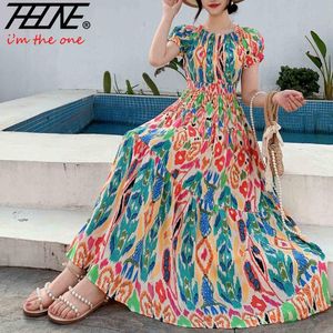 Kjol kvinnors plus size bohemian stil maxi lång klänning blommig bomull strand runda hals av axel indiska kläder vestido mantel kvinna