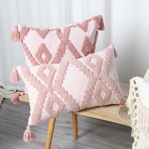 Klistermärken Tassel Cushion Cover 50x50cm/30x50 cm rosa örngott handgjorda fyrkantiga vardagsrum boho stil för heminredning sovrum blixtlås öppen