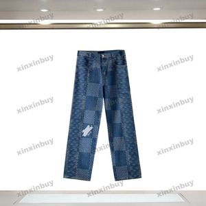 Xinxinbuy mężczyźni kobiety designerskie spodnie Plaid zniszczone żakardowe wyszywane litery sprane dżinsy denim spodnie na co dzień czarny niebieski S-2XL