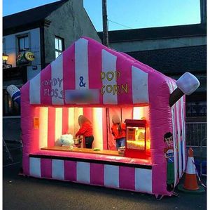 Tenda de concessão inflável branca rosa de 4,4x2,8 m Eventos ao ar livre personalizados Estande de algodão doce soprado a ar Casa de sorvete de carnaval para promoção e publicidade