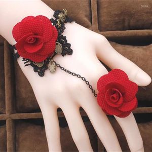 Länkarmband Retro Röd Rose Finger Ringar Kvinna Blomma Spets Armband Med Ring En Opisthenar Mode Smycken Fest Cosplay Present